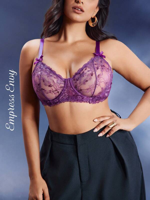 SHEIN Opulent Queen Plus Size Lace Bow Decor Bra Wireless Bra, Lingerie