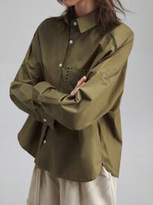 Ontre 2025 Autumn Embroidered Collar Long Sleeve Casual Shirt, Partial Hollow Embroidery Vacation Style Loose Fit Embroidered Collar Long Sleeve Shirt, Women Casual Everyday Business Blouse, Teacher Shirt Modern Urban Casual Fashion Business Casual Women's Office Wear Low-Key Old Money Style Effortless Temperament High-End Urban Commuting High-Quality Airport Women's Wear High-End Material Low-Key And Durable Basic Style, All-Match And Suitable For Everyone, Street Fashion Wear, Coffee Shop Wear, Rela - Army Green - View 5