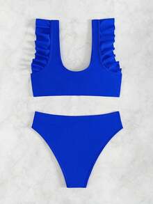 Swim Basics 女士夏季海滩度假简约纯色 V 领荷叶边袖孔褶皱胸围比基尼套装 - 寶藍色 - 查看 5