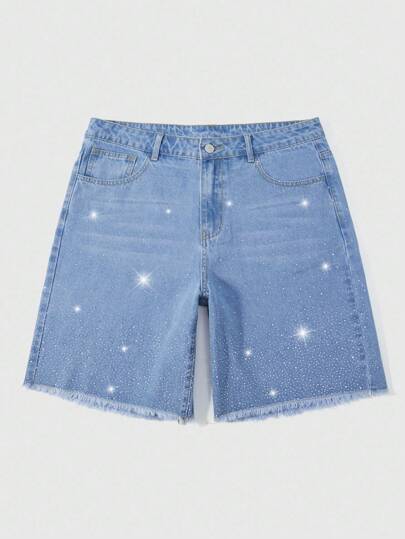 Street Life Fashionable & Casual Men's Rhinestone Embellished Denim Shorts, Versatile For Summer