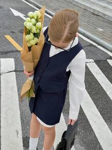 青少年女孩纯色单排扣背心、长袖衬衫和中长裙休闲装 - 藏蓝色 - 查看 6