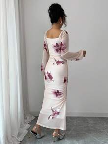 Modelyn 女士花卉印花优雅方领系腰中长连衣裙女式长款晚礼服 - 杏色 - 查看 2