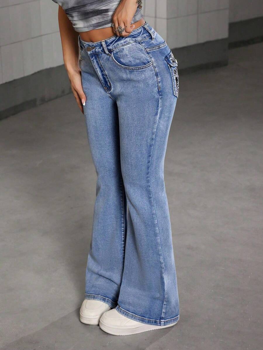 Quần Jeans Skinny Co Giãn Màu Xanh Lam Sáng Màu Mùa Hè & Thu Cho Nữ Tuổi Teen Phong Cách Đường Phố Y2K Thời Trang Đô Thị Mát Mẻ Đa Năng Có Túi Sau, Chi Tiết Thêu Và Ống Loe Co Giãn Có Thể Điều Chỉnh - Rửa nhẹ - Xem 1