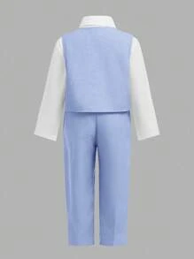 三件套男婴绅士套装：蓝色马甲外套、松紧腰裤和领结衬衫，适合男婴婚礼、担任花童、男婴婚礼等场合，秋冬季男童婚礼服装，浅蓝色西装。 - 彩色 - 查看 3