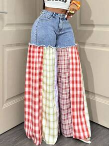 BamGleam Women's Fashion Color Block Plaid Wide Leg Jeans - Multicolor - View 3