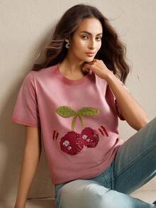 Anewsta 复古水洗樱桃串珠刺绣多巴胺图案针织圆领 T 恤，适合女士休闲夏季 - 西瓜粉 - 查看 6