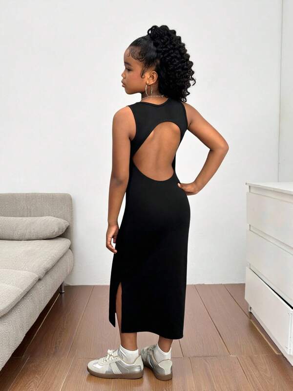 Rochie neagră cu spatele gol, croială strâmtă, pentru fete preadolescente, stil casual, stil streetwear, stil zilnic