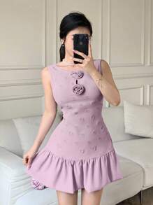 Modelyn Elegant 3D Flower Layered Hem Women Mini Dress - Pink - View 4