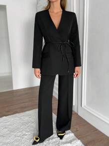 EURMUSE Bộ trang phục hai mảnh dành cho nữ Blazer và quần - màu đen - Xem 6