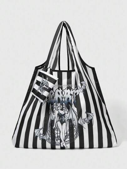 Grunge Punk Large Capacity Foldable Anime Girl Striped Print Shopping Tote Bag With Coin Purse, 1255520