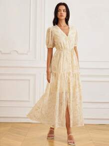 Aveloria Rosie 亮片镂空刺绣度假奢华特种面料多层拼布系带长款宽松短袖连衣裙 - 彩色 - 查看 8