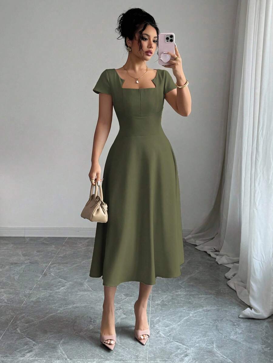 Elenzga Váy chữ A tay ngắn thanh lịch cho nữ, cổ tròn, ngực xẻ, có thắt lưng, mùa xuân/hè, thích hợp mặc đi làm, trà chiều, tiệc tùng - xanh quân đội - Xem 1