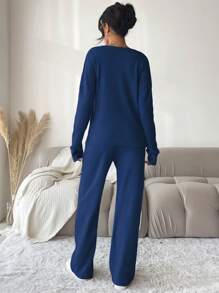 SHEIN Cottnline طقم بنطال طويل بأكمام طويلة ولون سادة للحياة اليومية قطعتين للنساء متعدد الاستخدامات - الأزرق - مشاهدة 2