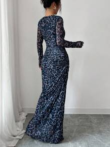 Rafferiza Đầm dài tay lưới bó họa tiết da báo thanh lịch dành cho nữ, phù hợp cho trang phục Maxi mùa xuân và mùa thu - Màu xanh bụi bặm - Xem 2