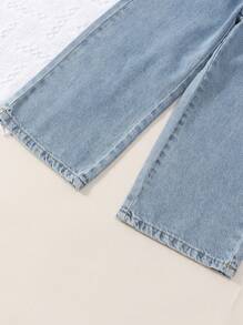 女童 Y2K 休闲松紧腰阔腿浅蓝色和中蓝色水洗宽松牛仔裤 - 彩色 - 查看 6