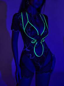 2 件套霓虹色块网格交叉俱乐部服装，Y2K 风格性感连体裤，适合派对、音乐节、女士 - 彩色 - 查看 7