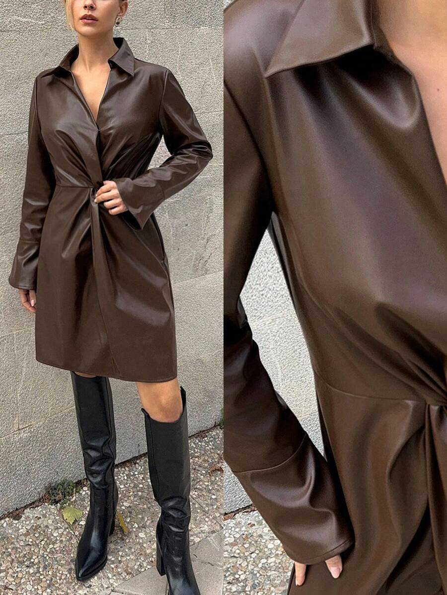 Forever 21 Leder Rock Braunes Kleid Langarm Kleid - Braun - Übersicht 1