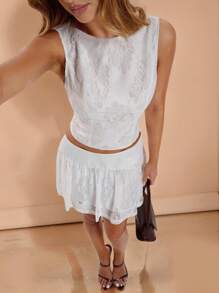 SHEIN BAE Women's Sexy Solid Color Lace Backless Tied Crop Tank Top, Summer - White - View 7