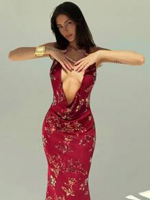 Aloruh Stylish Deep V-Neck Sequin Dress For Music Festival Party - Burgundy - View 2