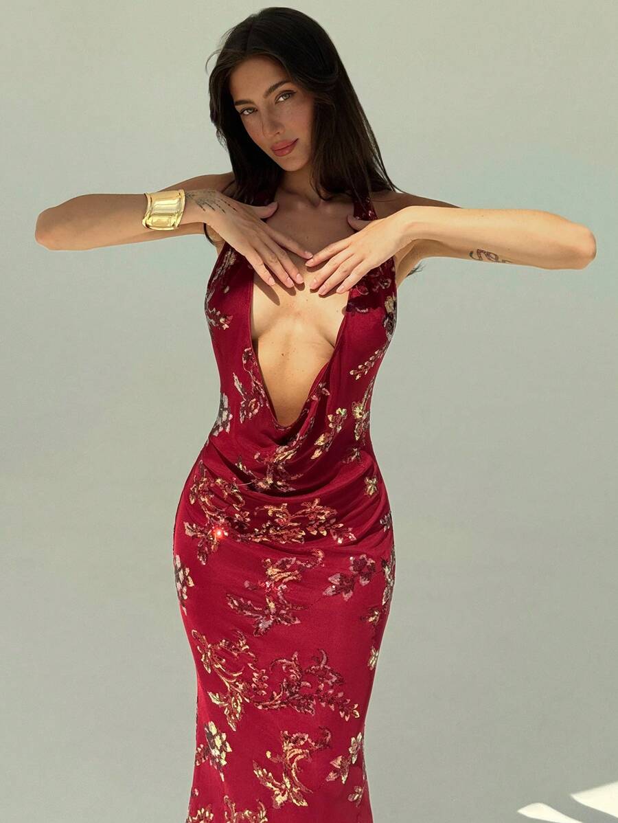 Aloruh Stylish Deep V-Neck Sequin Dress For Music Festival Party