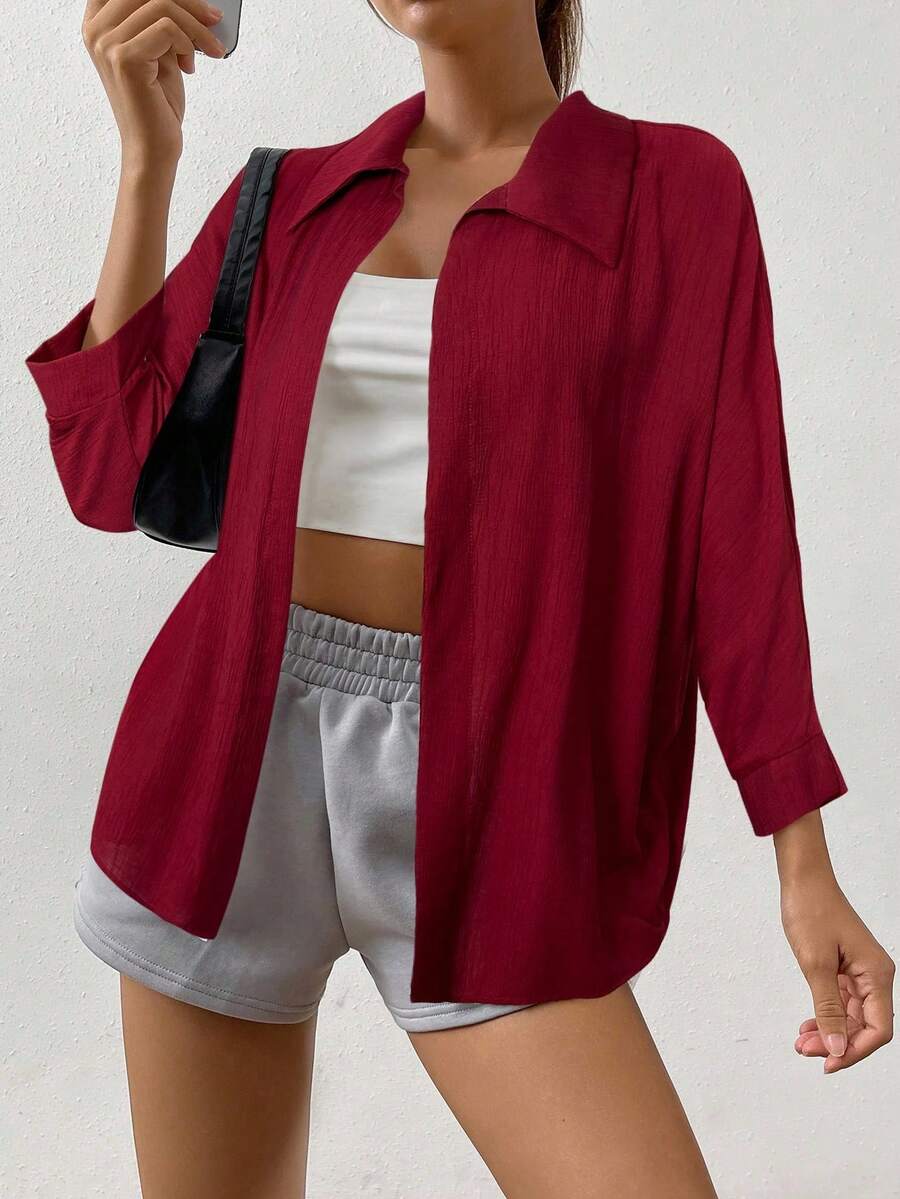 SHEIN EZwear Spring White Solid Batwing Sleeve Shirt - Burgundy - View 1