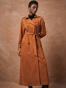 Zivah Abrigo Trench de Ante Naranja Quemado Otoñal con Solapa, Cinturón & Bolsillos, Elegante para Oficina, Desplazamiento y Streetwear, Estilo Universitario, Chaqueta Casual Diaria Marrón para Estudiantes - Marrón - Ver 6