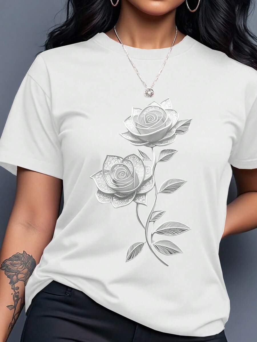 INAWLY 女士休闲花卉印花圆领短袖T恤，夏季 - 白色 - 查看 1