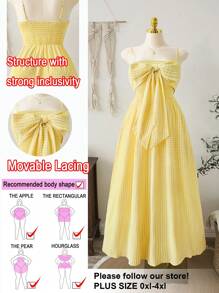 SHEIN EZwear Plus Size Women Plaid Bowknot Decor Spaghetti Strap Dress, Summer Vacation Wear - Yellow - View 1