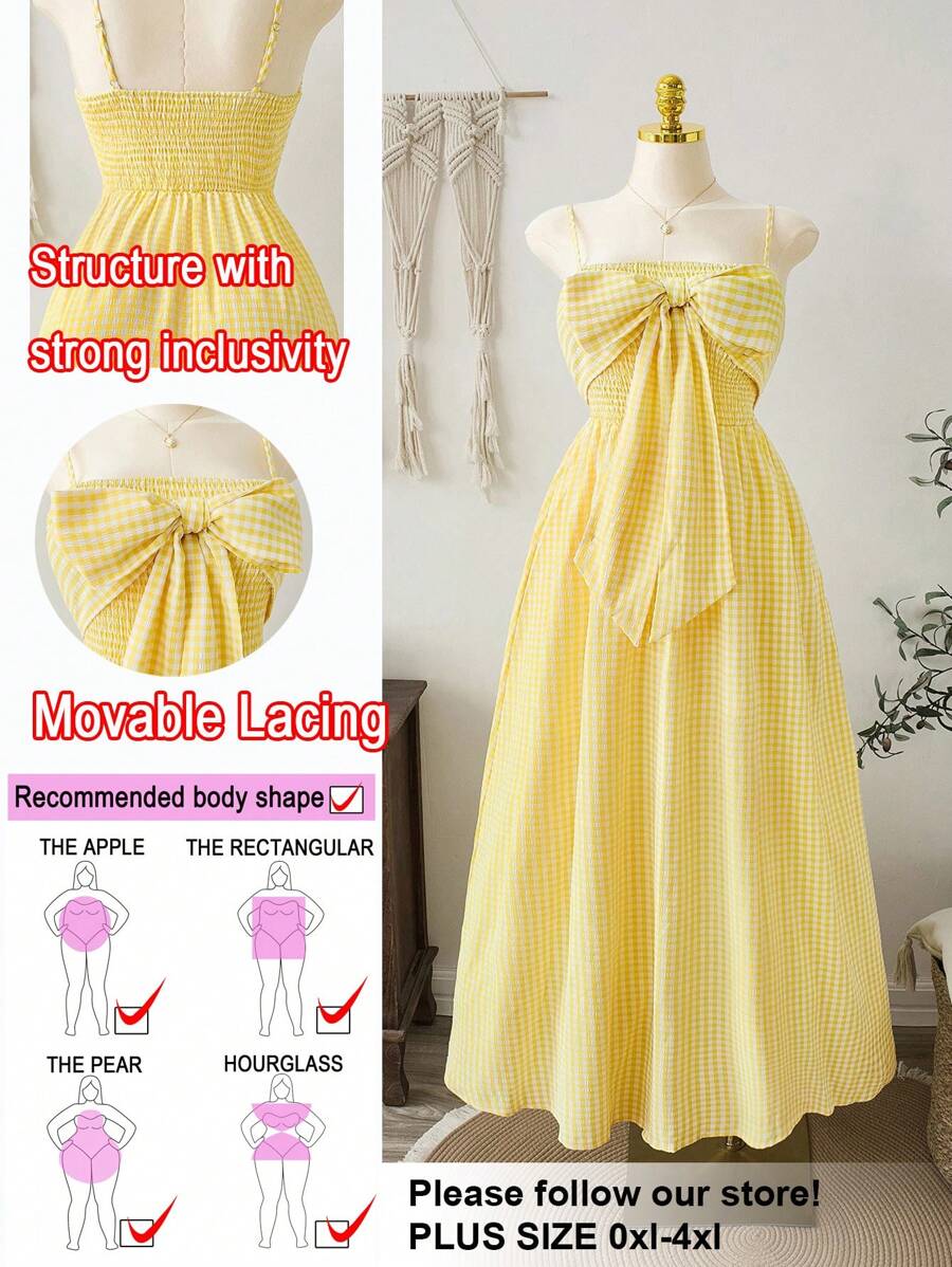 SHEIN EZwear Plus Size Women Plaid Bowknot Decor Spaghetti Strap Dress, Summer Vacation Wear - Yellow - View 1