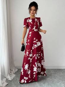 Elenzga Vestido elegante y romántico para mujeres con cuello redondo, mangas con volantes y estampado digital ajustado - Burdeos - Ver 4