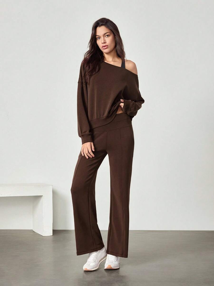 GLOWMODE Modal Silky Smooth Oversized Off-Shoulder Sweatshirt Daily Casual Spring Summer - Chocolate Brown - View 1