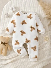 SHEIN Bộ đồ liền thân in hình gấu vải nỉ giản dị cho bé gái, mùa thu/đông - trắng - Xem 3