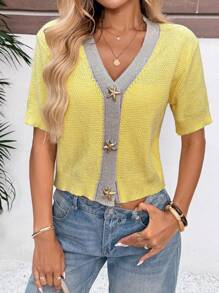 Chiquease Cardigan Pendek Wanita Kerah Bulat Warna Kuning dengan Blok Warna dan Dekorasi Bintang Laut - Kuning - View 4