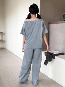 SHEIN 少女休闲字母印花不对称领口宽松短袖T恤套装，夏季 - 灰色 - 查看 4