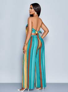 SOLERSUN Women's Spring Summer Vacation Random Graphic Print Asymmetrical Hem Tube Top & Wide-Legged Pants Two Piece Set Beach Outfit - Blue - View 2