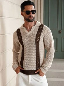 Manfinity Homme Áo len dệt kim khoét lỗ màu tương phản dành cho nam, Thu Đông - Nhiều màu - Xem 5