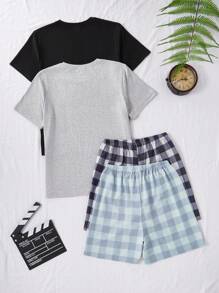 Bộ đồ ngủ tay ngắn 4 món họa tiết kẻ caro và màu trơn tối giản dành cho bé trai tuổi teen - Nhiều màu - Xem 2