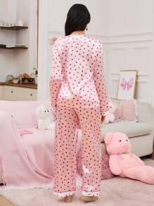 SweetSlumber Women's Sweet Strawberry Print Contrast Color Collar Long Sleeve Pajama Set - Multicolor - View 2