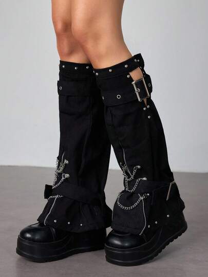Grunge Punk 1 Pair Punk Style Zipper Chain Element Leg Warmers, Goth Lolita Leg Sleeve With Straps, Slimming Design, Suitable For Daily Wear And Holiday Party, With Metal Buckle Decor