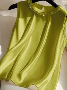Franclia Women's Casual Solid Sleeveless Top, Minimalist Style For Daily Wear Clothes For University - Olive Green - View 4