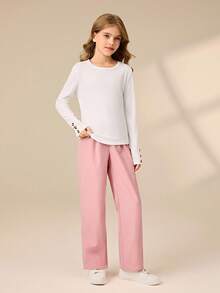3件套青少年女孩无袖西装外套、T恤和长裤套装 - 粉色 - 查看 5