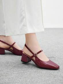 CUCCOO BIZCHIC 女士方头中跟粗跟时尚酒红色后带简约经典中跟女鞋，适合日常通勤、工作和休闲外出 - 酒紅色 - 查看 4