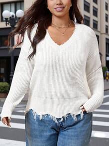 Calvaya Maglione oversize a maniche lunghe da donna casual lento a collo a V con orlo frangato, adatto come indumento esterno e per le vacanze, autunno/inverno - Bianco - Visualizzare 3