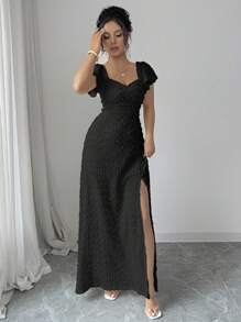 xheRafferiza Vestido largo elegante y delgado de unicolor con espalda descubierta, lazo y mangas de loto con abertura alta, para vacaciones y citas en primavera/veranoxhe - Negro - Ver 8