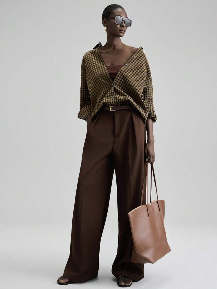 Urban Chic Style, Extremely Comfortable, Woven Plaid, Bi-Color Plaid, Women's Shirt, Loose Fit, Casual Wear, Ladies' Top, Autumn, Back To School, Business Casual, Commuter Attire, 2025 New Collection Modern Urban Casual Fashion Business Casual Women's Office Wear Low-Key Old Money Style Brown Shirt