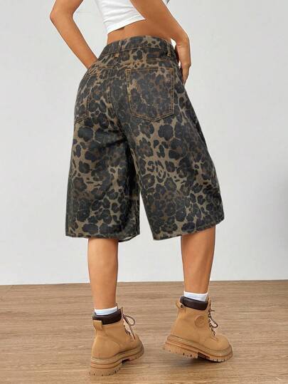 SHEIN EZwear 女士豹纹编织口袋休闲百搭时尚短裤