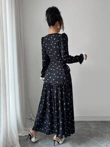 Modelyn 女式锁孔领口灯笼袖碎花泡泡长袖优雅连衣裙 - 黑色 - 查看 2