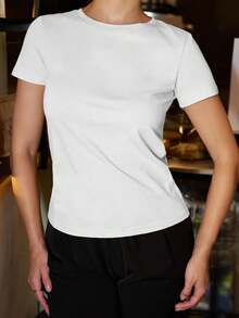 Andrea Bello Women's Solid Color Round Neck Short Sleeve Casual Versatile T-Shirt, Summer - White - View 9
