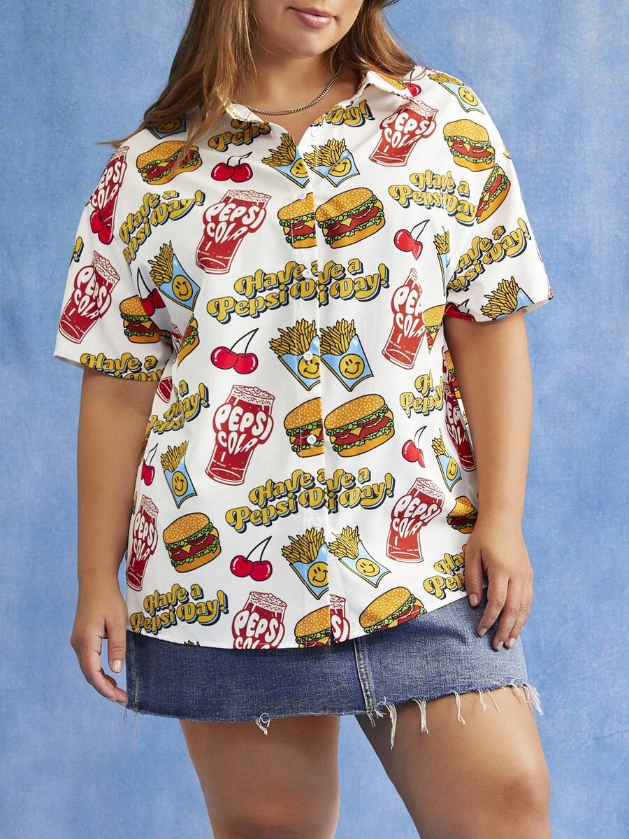 PEPSI X SHEIN 大码字母和卡通图案前扣休闲短袖衬衫 - 彩色 - 查看 1