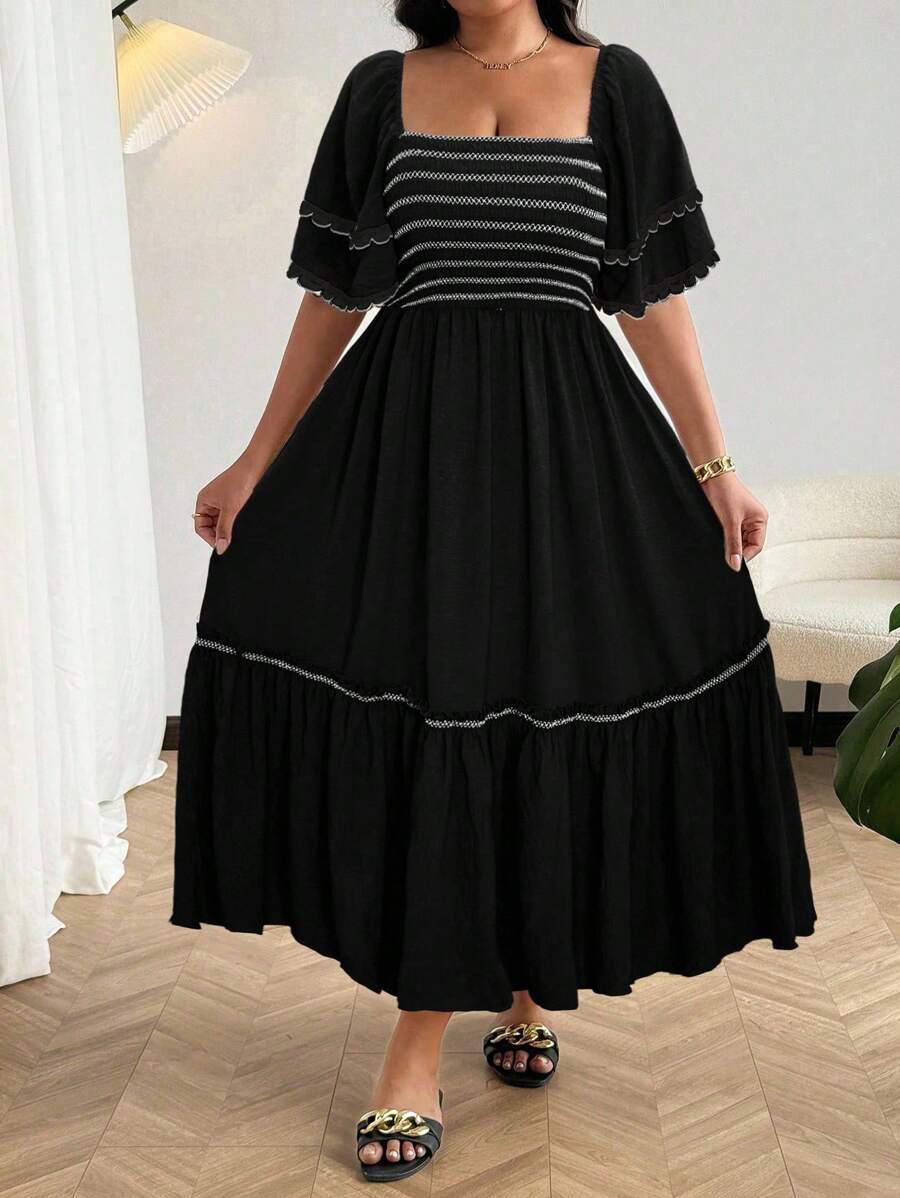 Vionelle Plus Size Square Neck Bohemian Beach Holiday Black Contrast Color Embroidered Ruffle Hem Dress - Black - View 1